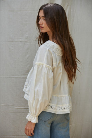 Eyelet Collar V-Neck Button Down Long Sleeve Blouse