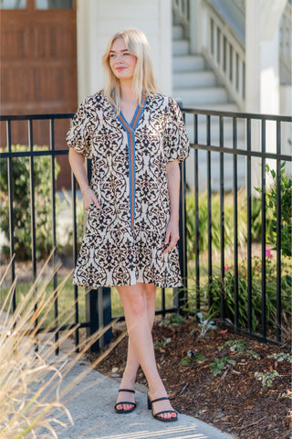 Floral Print Contrast Trim Puff Sleeve Dress