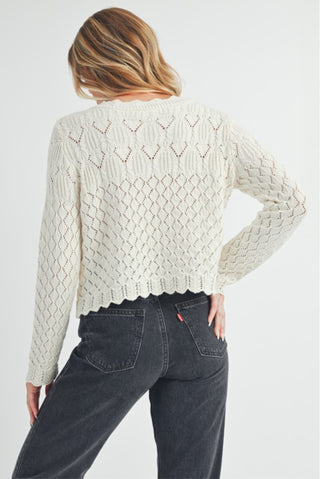 Scallop Detail Crew Neck Button Down Knit Cardigan