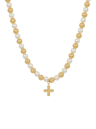 Bead & Pearl Cross Necklace