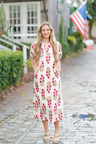 V-Neck Floral Print Bubble Sleeve Midi Dress with Collar