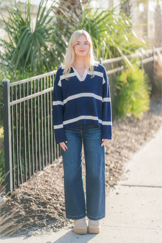 V-Neck Collar Stripe Pullover Knit Sweater