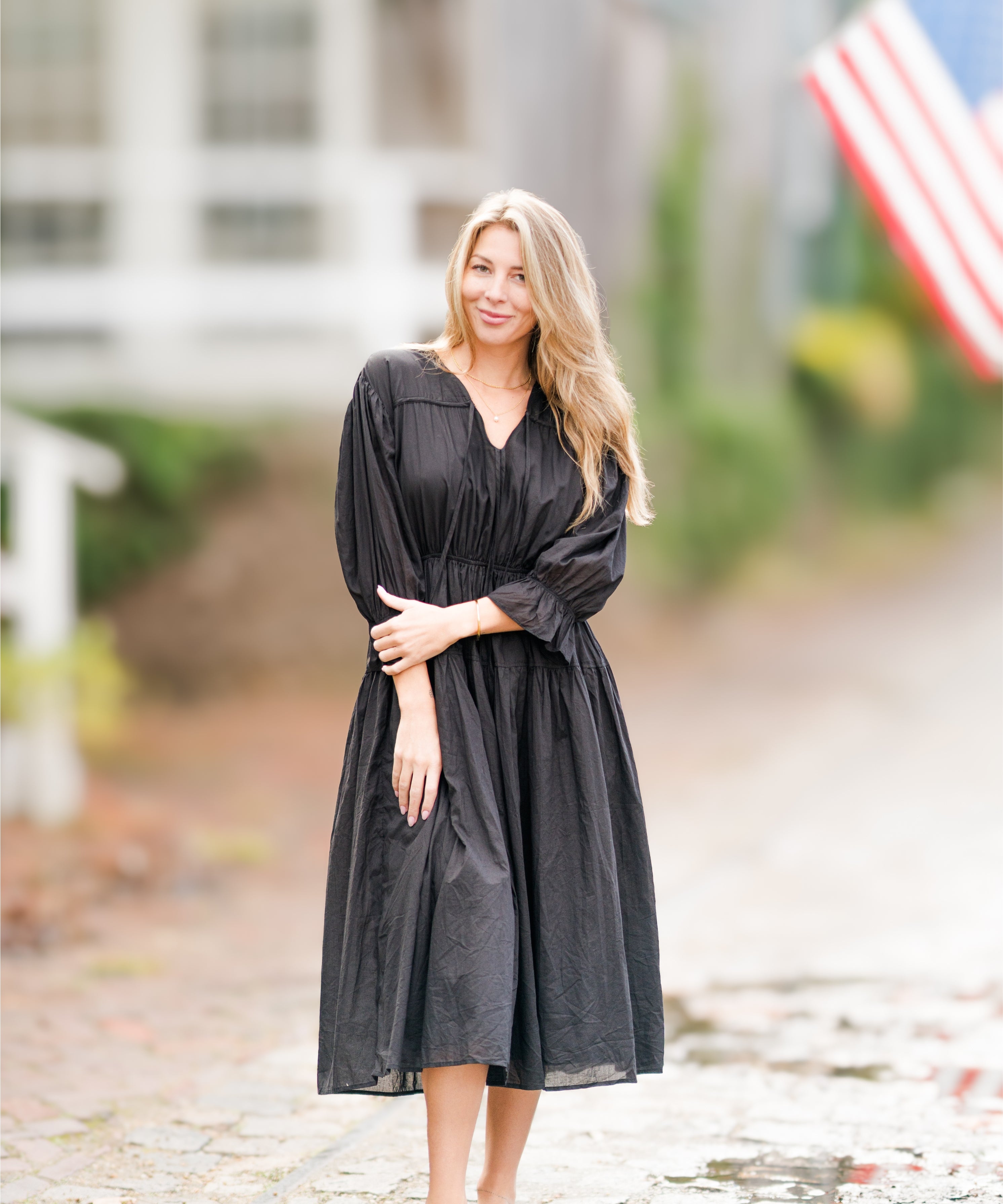 Tie V-Neck Long Sleeve Cinched Waist Midi Dress (detail view 2)