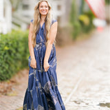 V-Neck Collared Cinch Waist Printed Tiered Maxi Dress