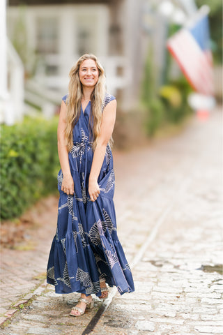 V-Neck Collared Cinch Waist Printed Tiered Maxi Dress