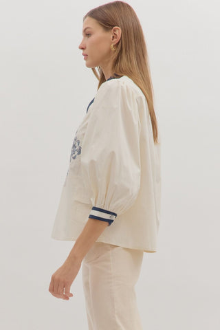 3/4 Sleeve Ruffle Collar Embroidered Top