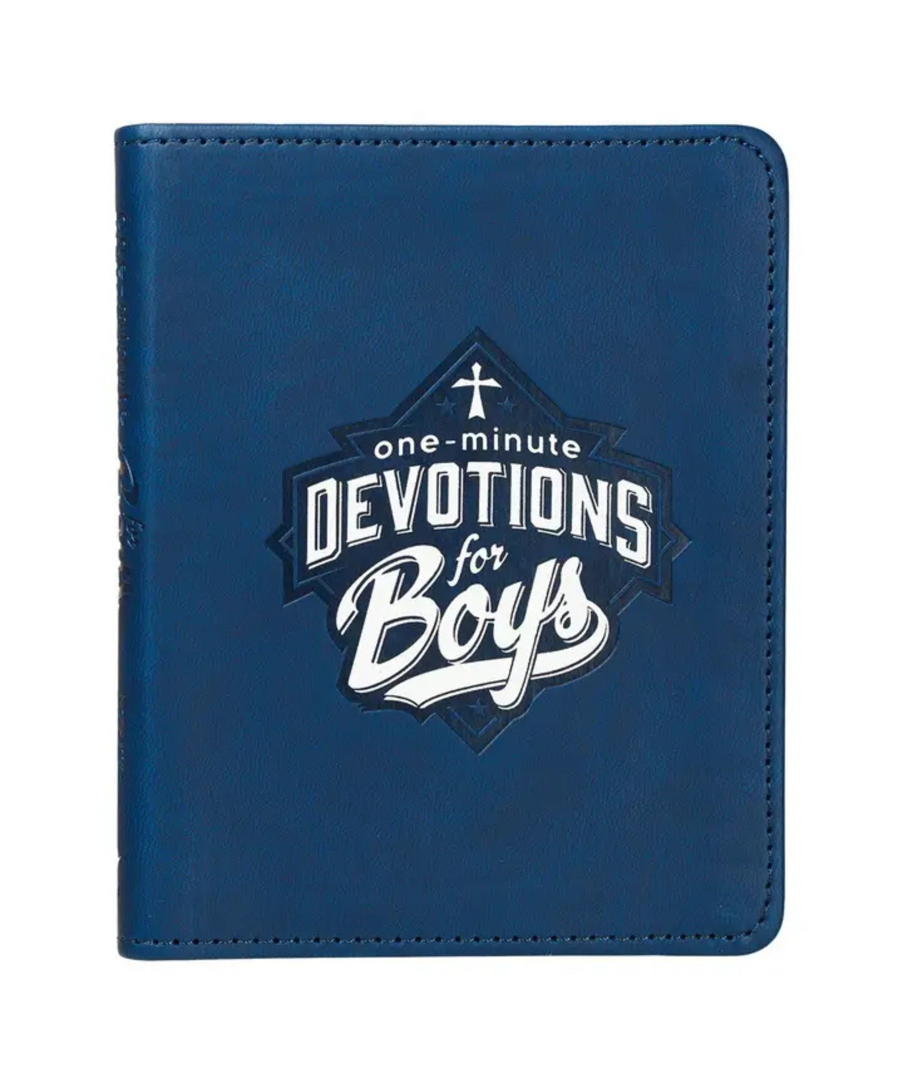 Blue book cover with 'one-minute Devotions for Boys' logo on a white background