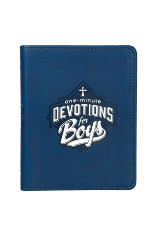 Blue book cover with 'one-minute Devotions for Boys' logo on a white background