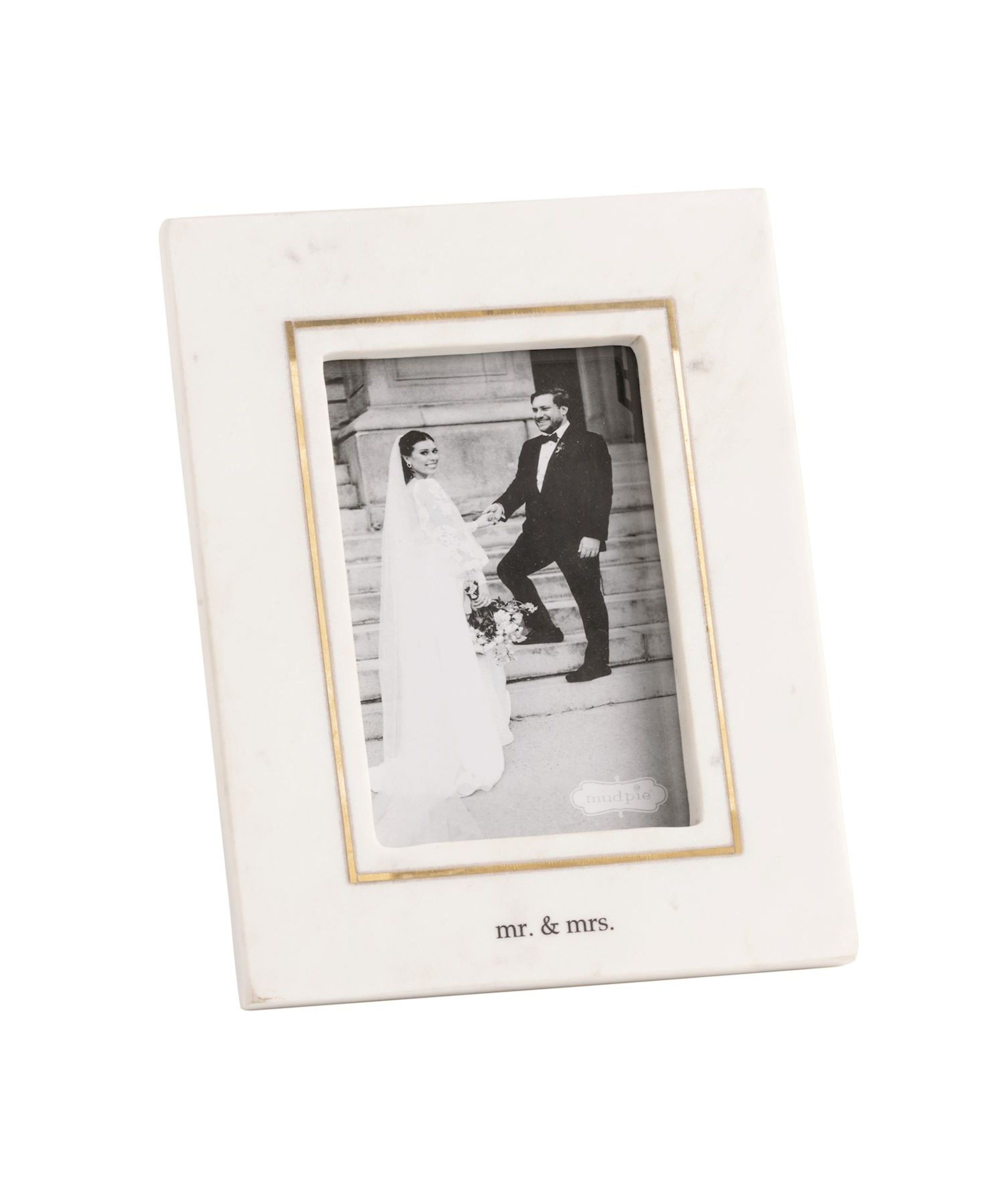 White photo frame with 'mr. & mrs.' text containing a black and white photo of a couple.