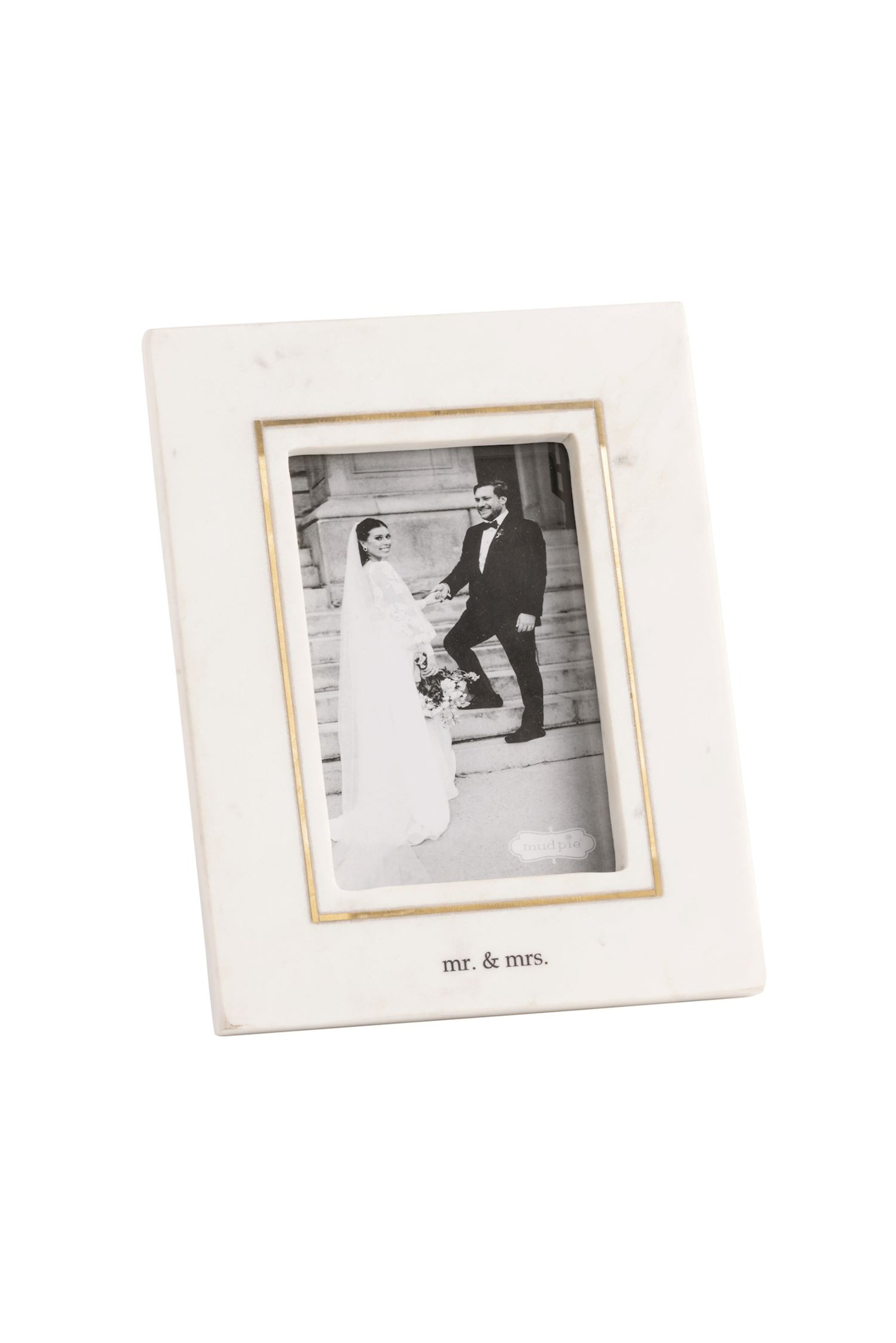 White photo frame with 'mr. & mrs.' text containing a black and white photo of a couple.