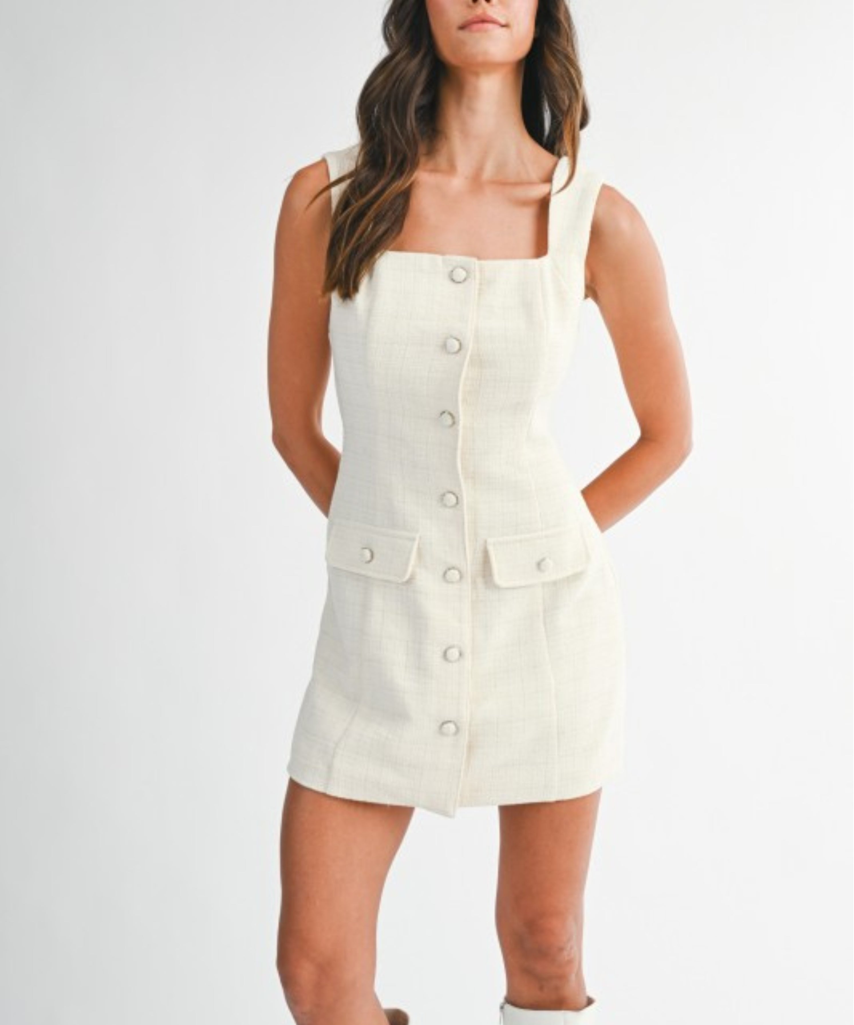 Sleeveless Square Neck Tweed Button Down Dress with Front Pockets