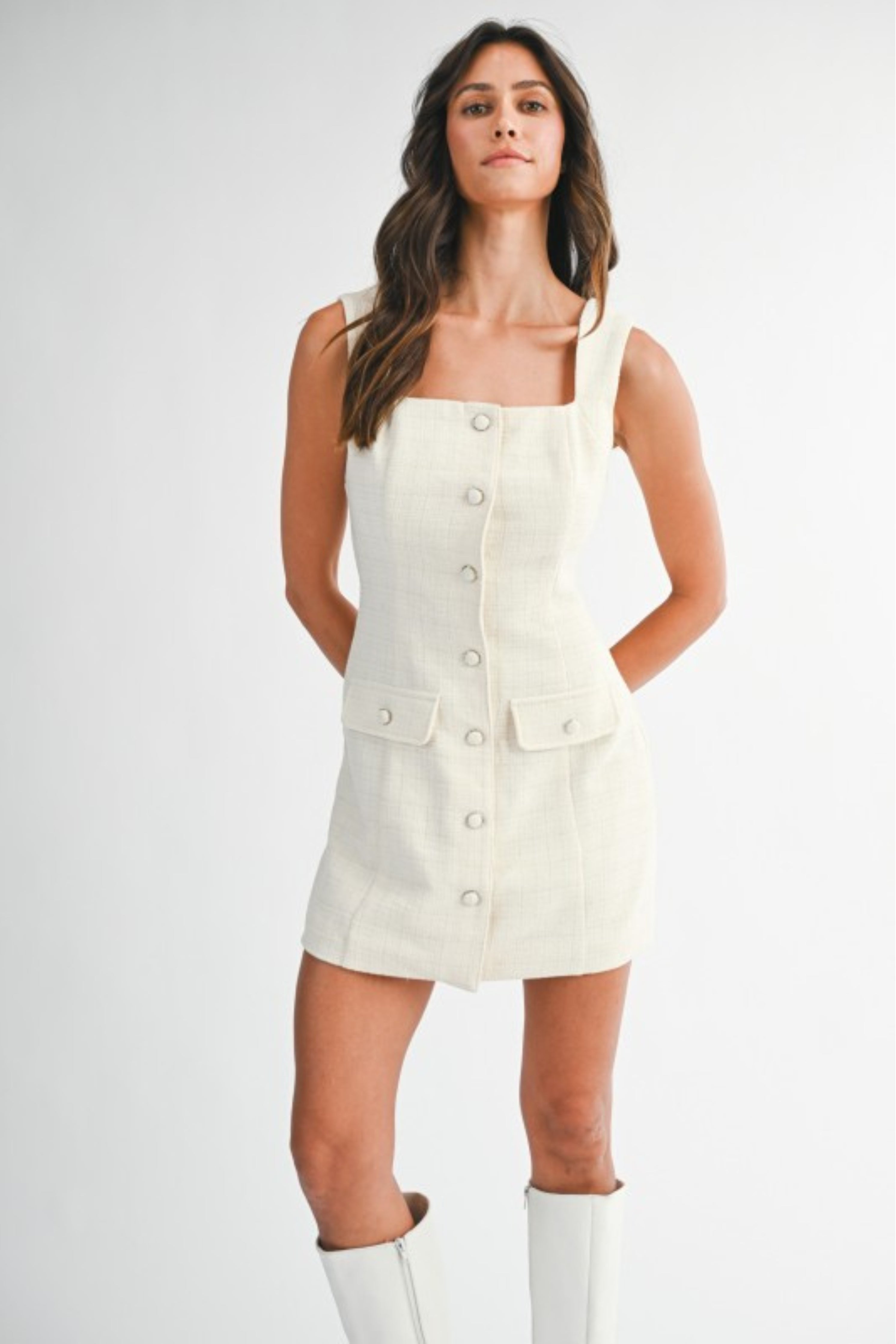 Sleeveless Square Neck Tweed Button Down Dress with Front Pockets