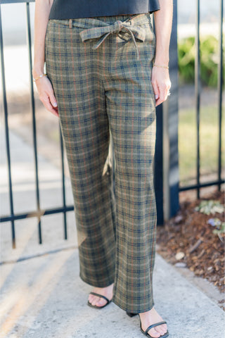 Plaid Belted Wide Leg Pants