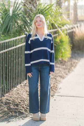 V-Neck Collar Stripe Pullover Knit Sweater