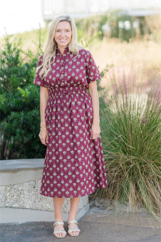 Smocked Waist Short Sleeve Print Midi Dress