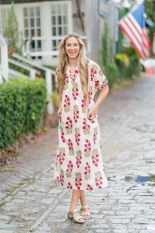 V-Neck Floral Print Bubble Sleeve Midi Dress with Collar
