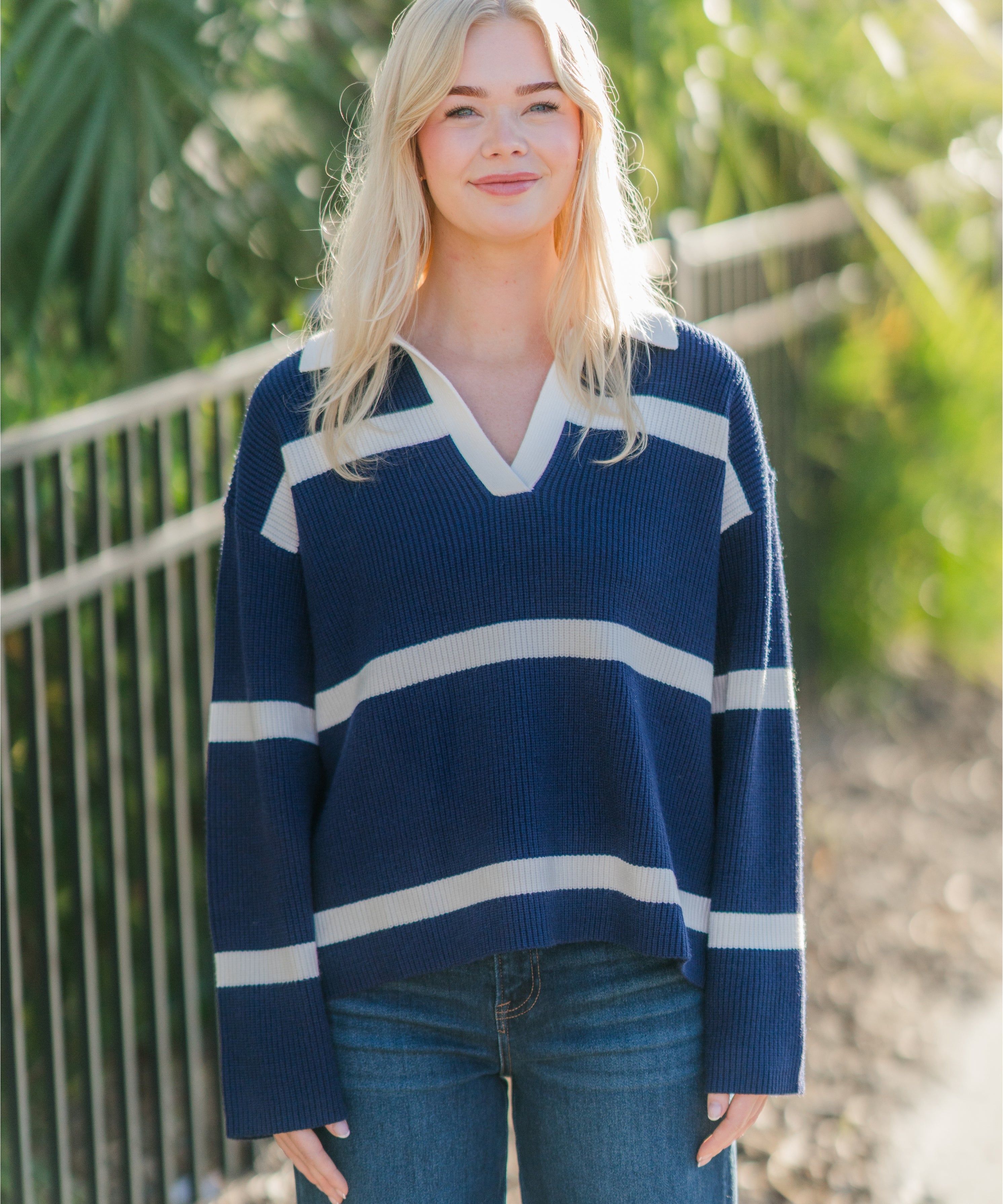 V-Neck Collar Stripe Pullover Knit Sweater