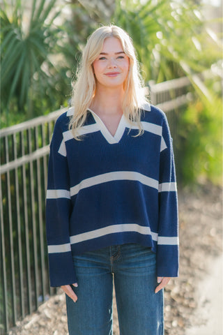 V-Neck Collar Stripe Pullover Knit Sweater