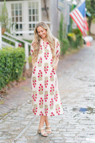 V-Neck Floral Print Bubble Sleeve Midi Dress with Collar