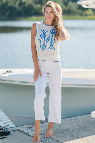 Fish Printed Sleeveless Sweater Top