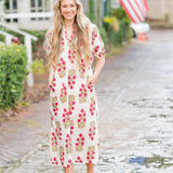 V-Neck Floral Print Bubble Sleeve Midi Dress with Collar