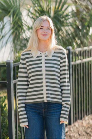 Collar Striped Knit Cardigan