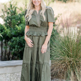 Short Sleeve V-neck Tiered Midi Dress