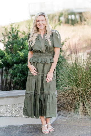 Short Sleeve V-neck Tiered Midi Dress