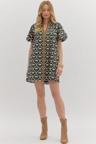V-Neck Botanical Print Puff Sleeve Dress