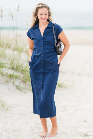 Cap Sleeve Button Midi Dress