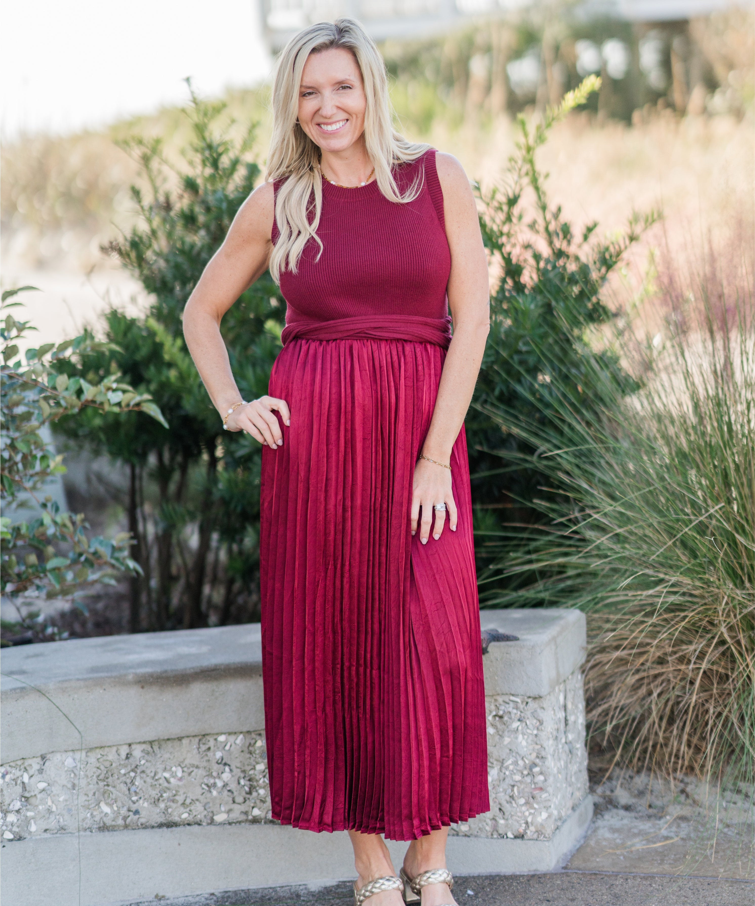 Sleeveless Mixed Media Pleated Midi Dress (detail view 2)