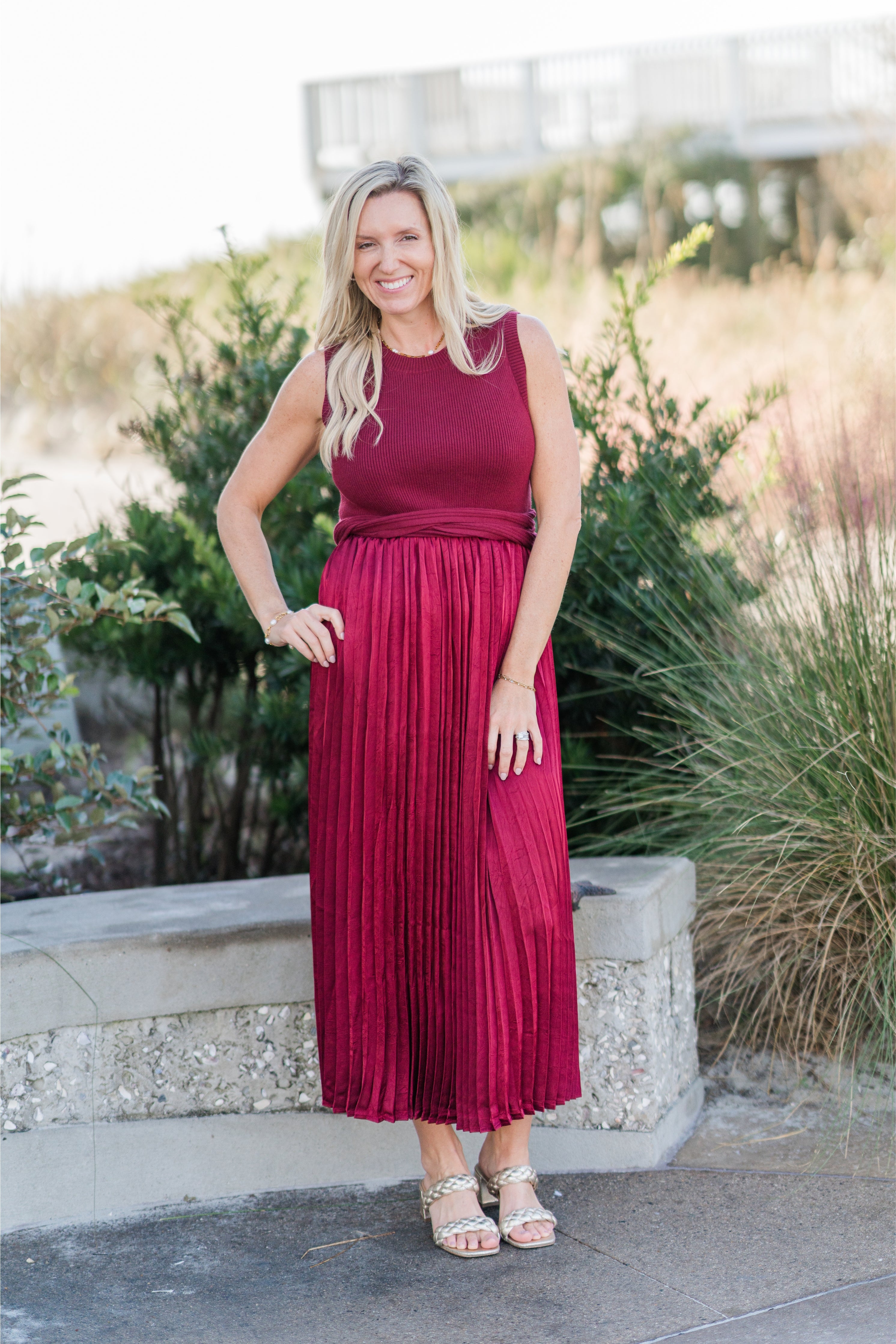 Sleeveless Mixed Media Pleated Midi Dress (detail view 2)
