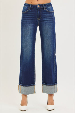 Mid Rise Straight Jeans With Cuffed Hem
