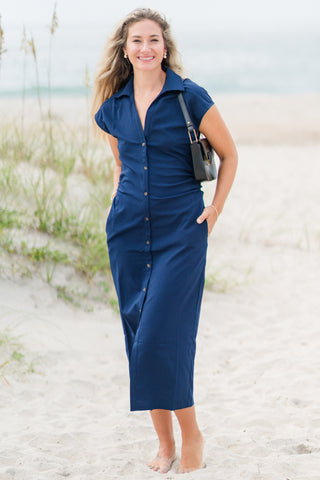 Cap Sleeve Button Midi Dress