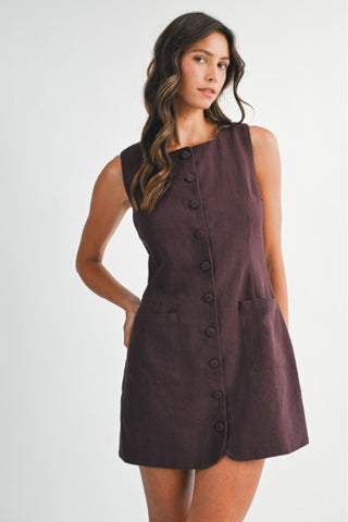 Sleeveless Square Neck Button Down Dress with Front Pockets