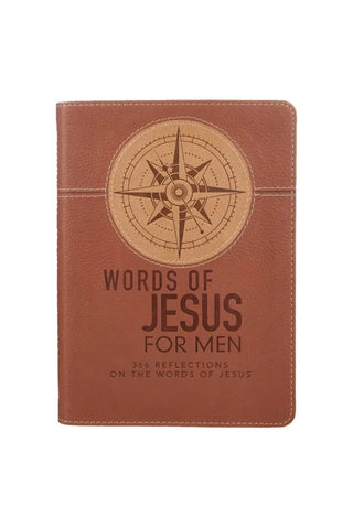 Brown notebook with compass design and 'Words of Jesus for Men' text on a white background