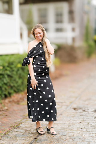 Off-the-Shoulder Polka Dot Maxi Dress