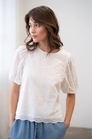 Eyelet-Embroidered Puff Short Sleeve Blouse