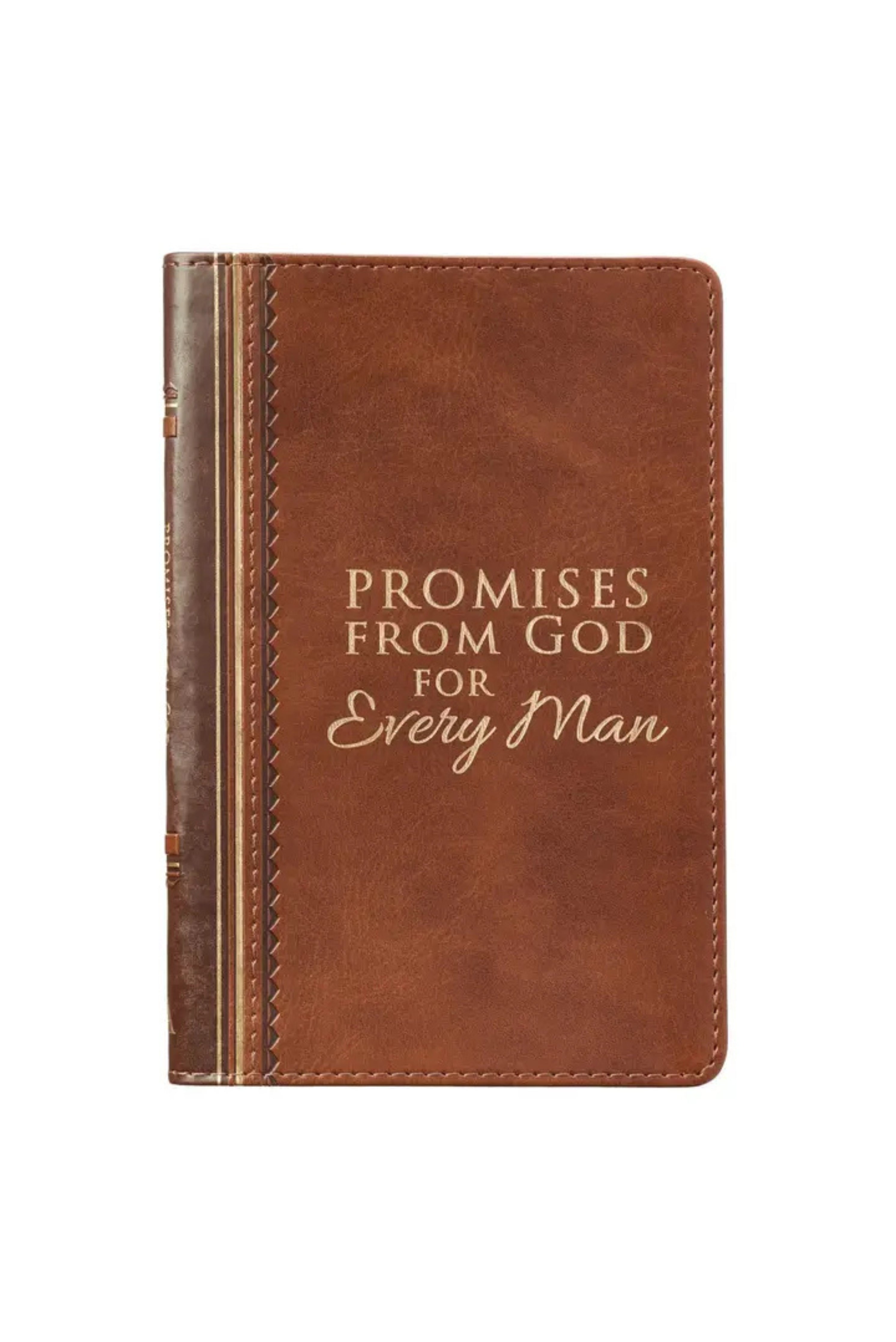 Brown leather notebook with 'Promises from God for Every Man' text on a white background