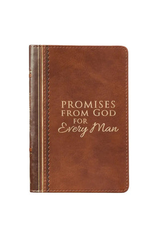 Brown leather notebook with 'Promises from God for Every Man' text on a white background