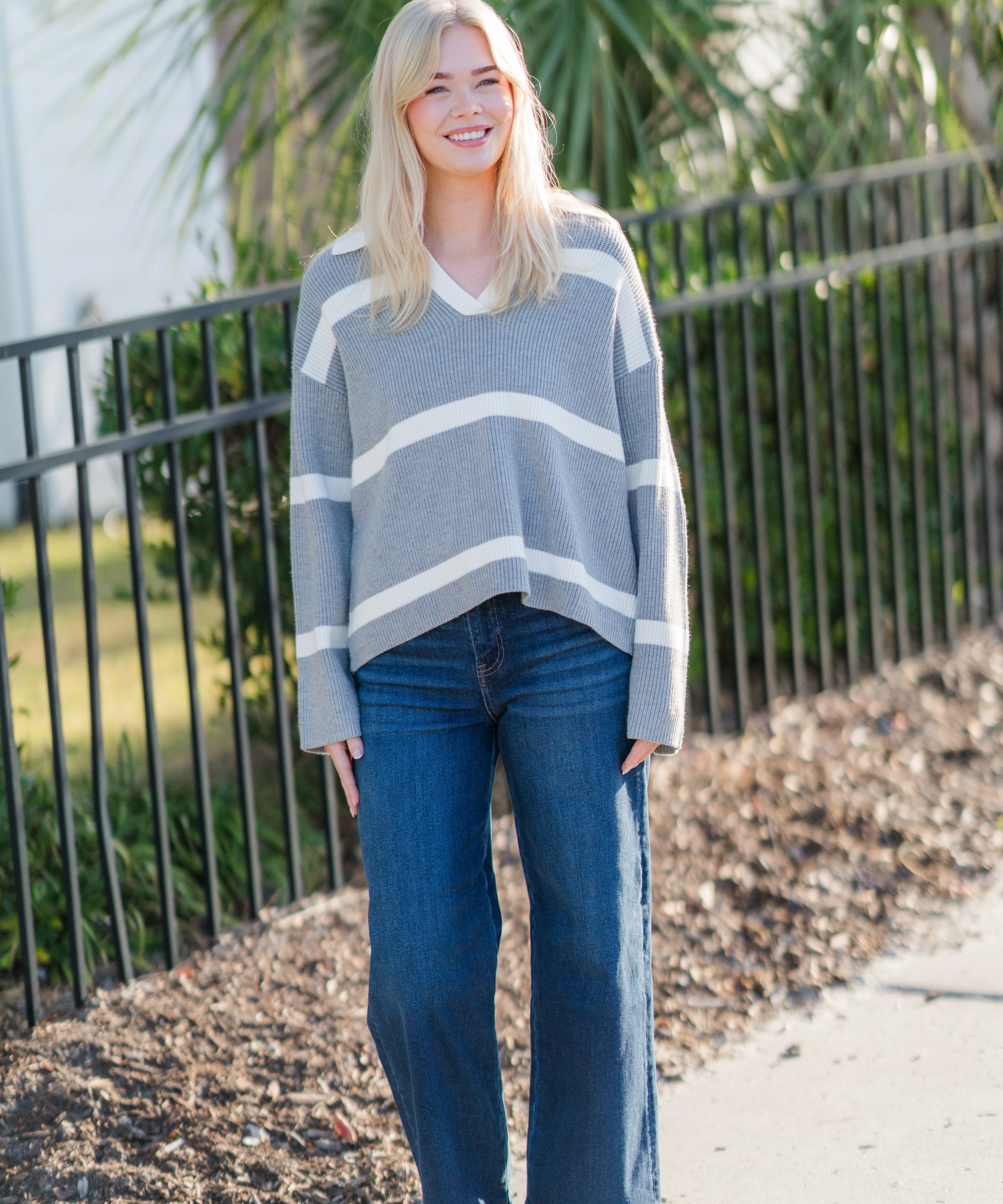 V-Neck Collar Stripe Pullover Knit Sweater (detail view 2)