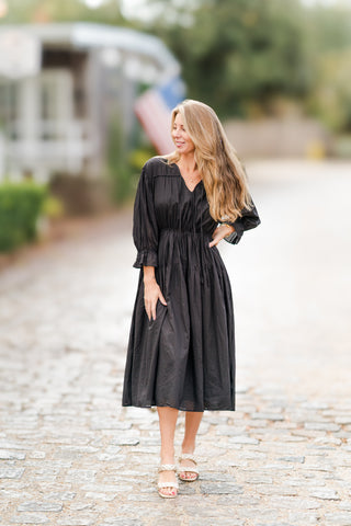 Tie V-Neck Long Sleeve Cinched Waist Midi Dress