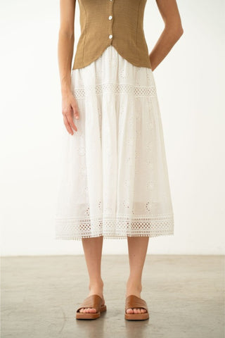 Eyelet-Embroidered Tiered Midi Skirt