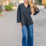 Oversized V-Neck Cotton Button Down Top