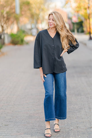 Oversized V-Neck Cotton Button Down Top