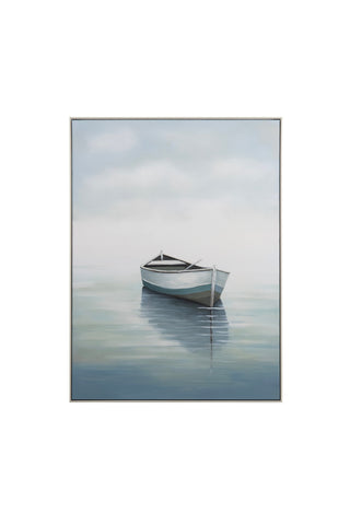 Boat on a calm body of water with a soft, pastel sky