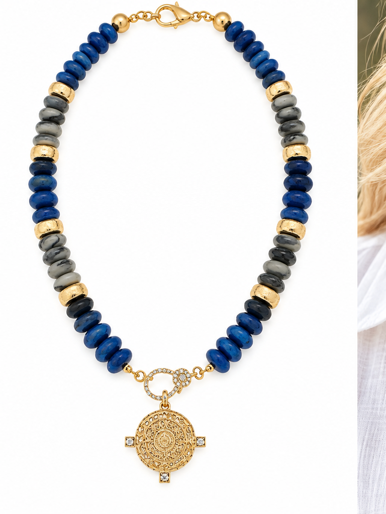 Blue and gray medallion beaded necklace product image