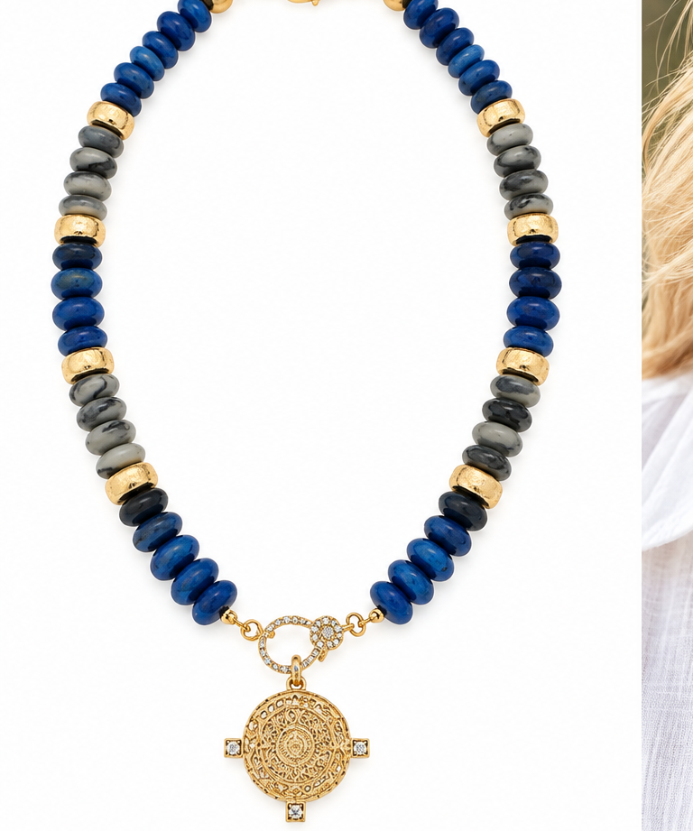 Blue and gray medallion beaded necklace product image
