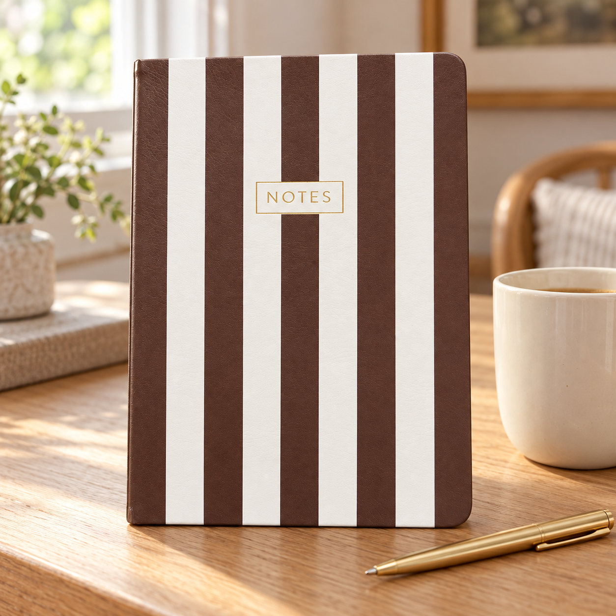 Brown and cream striped notebook styled on a desk with a mug and gold-tone pen