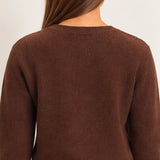 Back view of women's chocolate brown cardigan showing the textured knit fabric, ribbed neckline, and straight hem.
